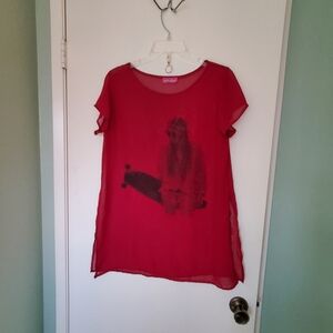 Forever Love Red Sheer Artsy Overlay Skateboarder Graphic Cap Sleeve Blouse Sz M